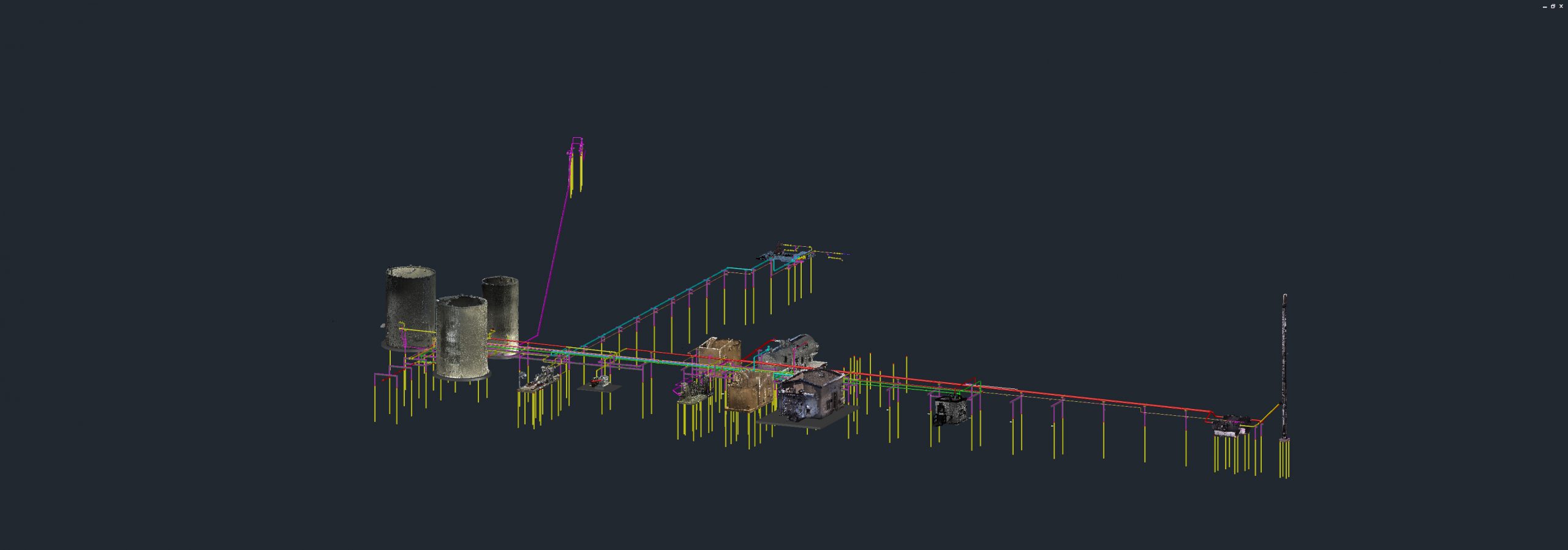 3D laser scan point cloud of a well pad showing storage tanks, process buildings, above-ground piping and flare stack