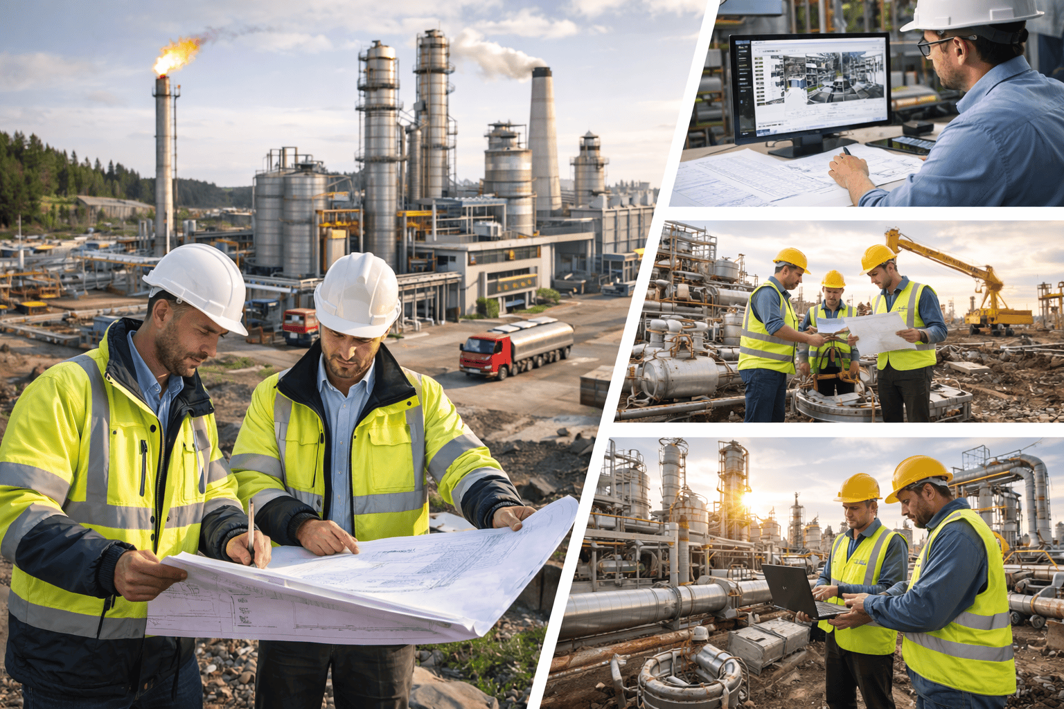 Collage of engineers reviewing drawings, control room monitoring and field crews on site