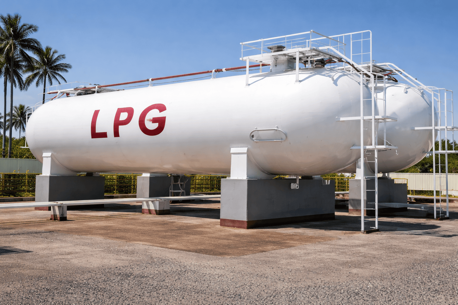 LPG bullet storage tank installation with industrial piping and safety platform