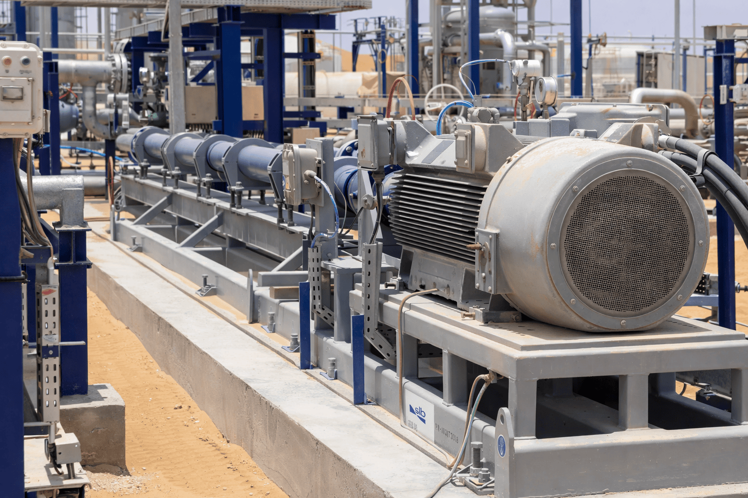 Horizontal pump and motor installed on a concrete base at a site