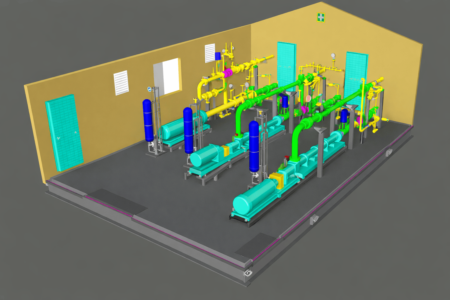 3D model of a pump building interior showing piping and equipment layout