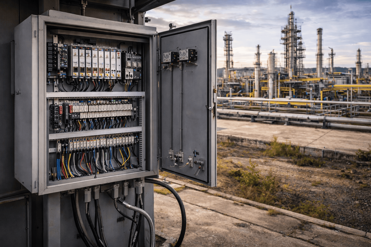 Open industrial control panel with wiring and terminal blocks at a gas processing facility