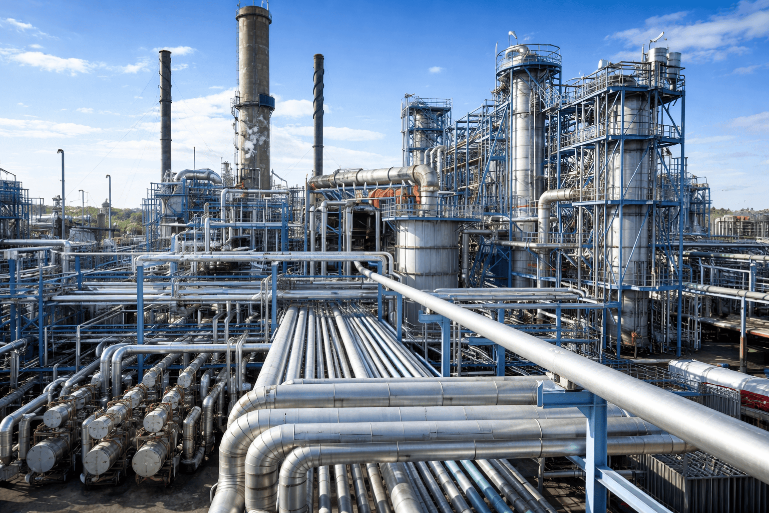 Gas processing plant with pipe racks and stacks monitored by RTU systems