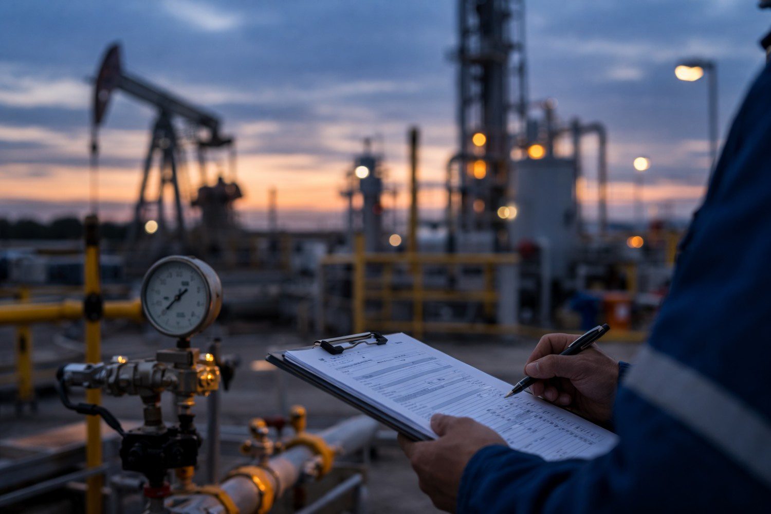 Operator recording readings on a clipboard at a wellsite with a pumpjack at sunset