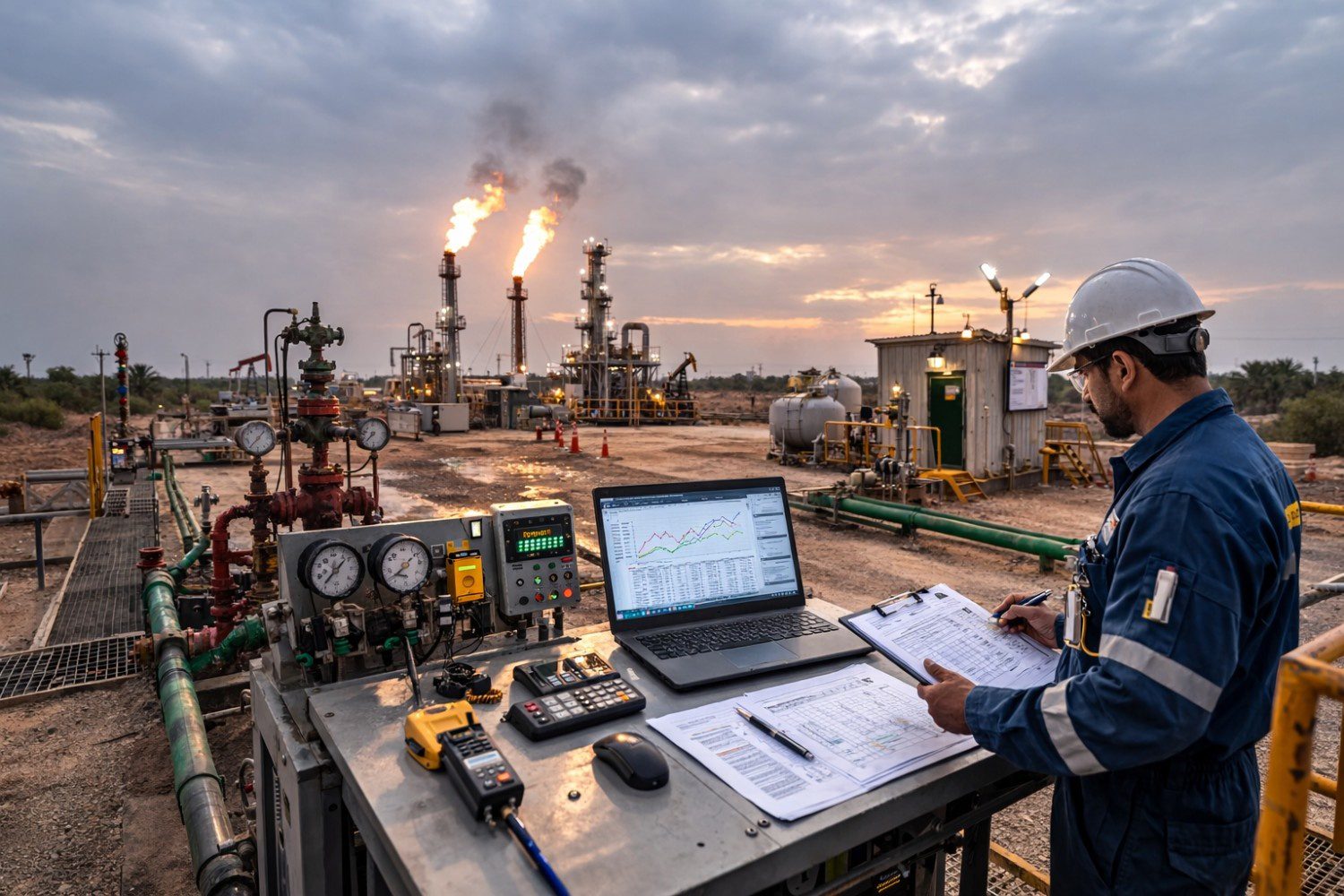 Engineer reviewing production data on a laptop at a gas plant