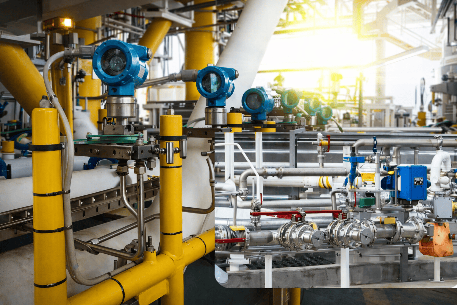 Instrument transmitters mounted on gas piping during field programming at an Alberta facility