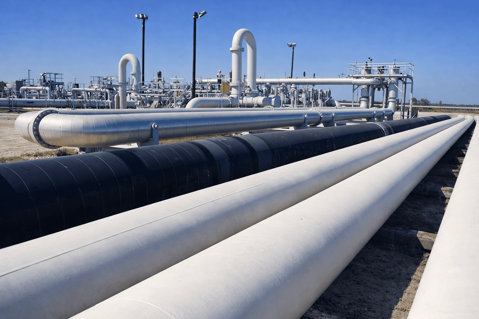 Above-ground insulated piping runs at an energy facility